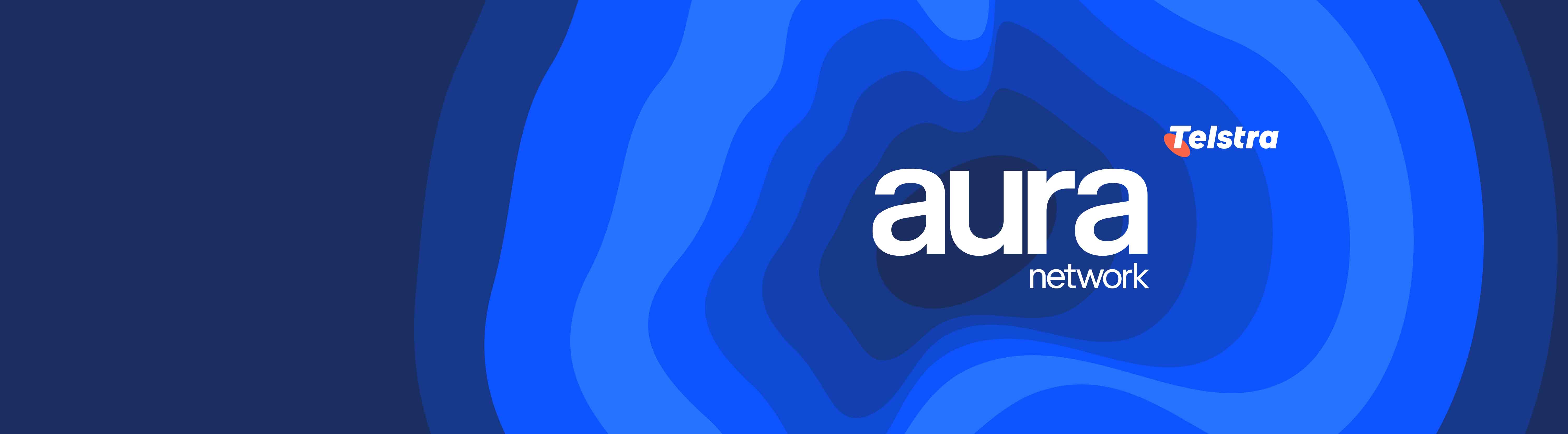Logo for Aura Network with Telstra branding, displayed over layered blue concentric shapes on a dark blue background.