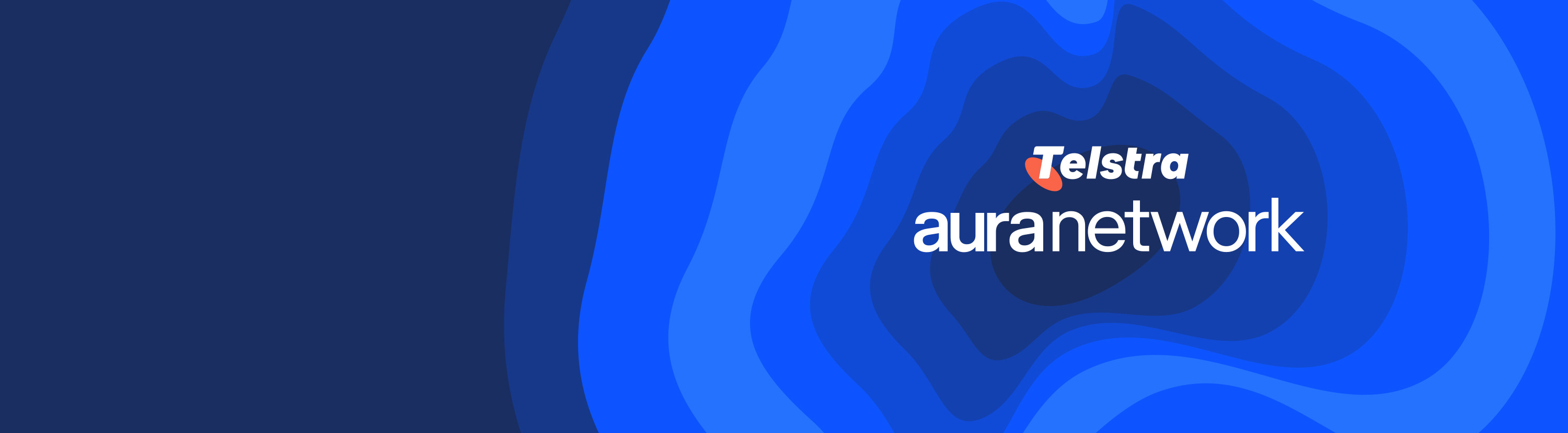 Logo for Aura Network with Telstra branding, displayed over layered blue concentric shapes on a dark blue background.